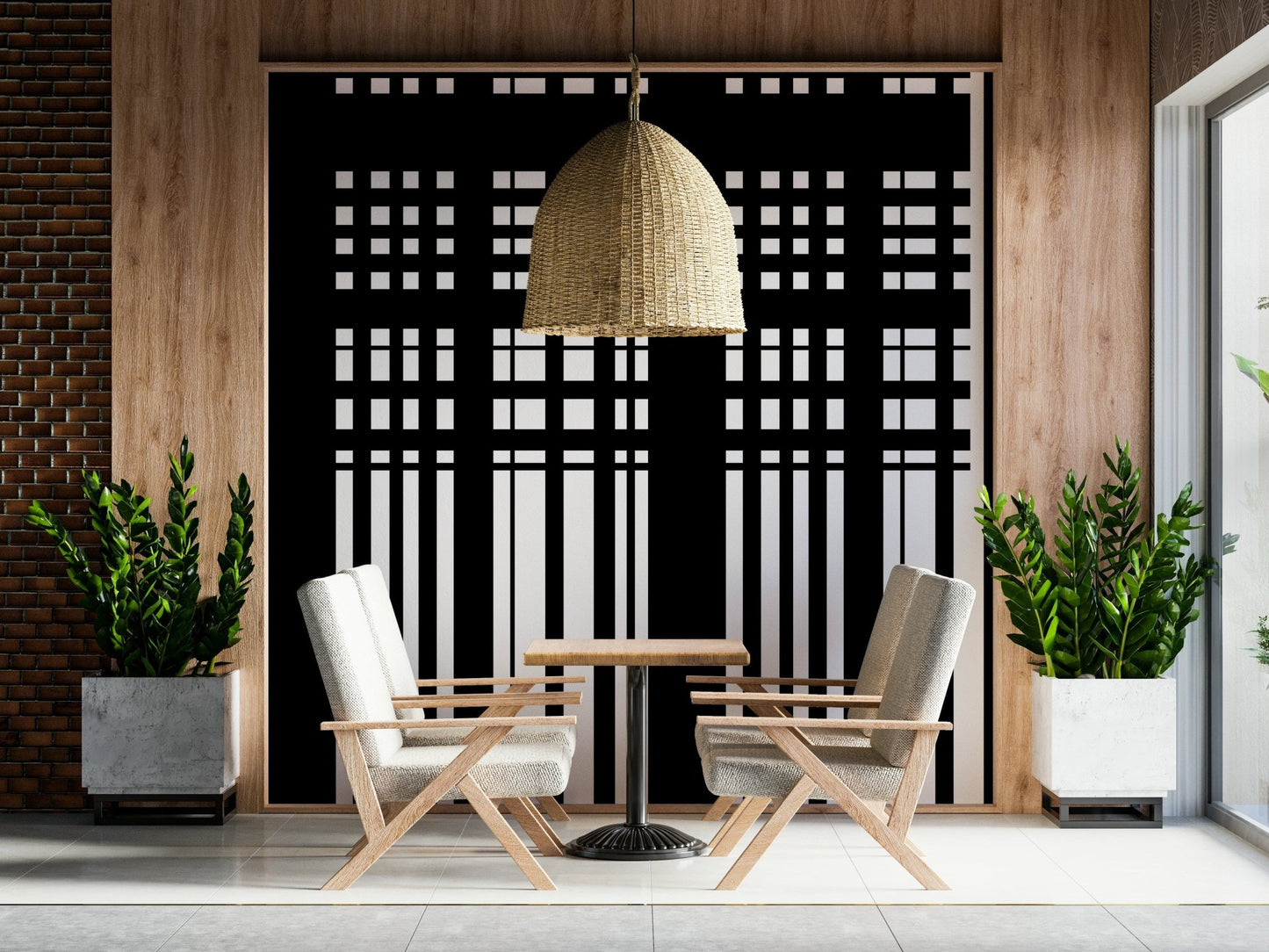Minimal Black & White Stripes wall mural on a wood-panel wall behind two cream armchairs under a rattan pendant