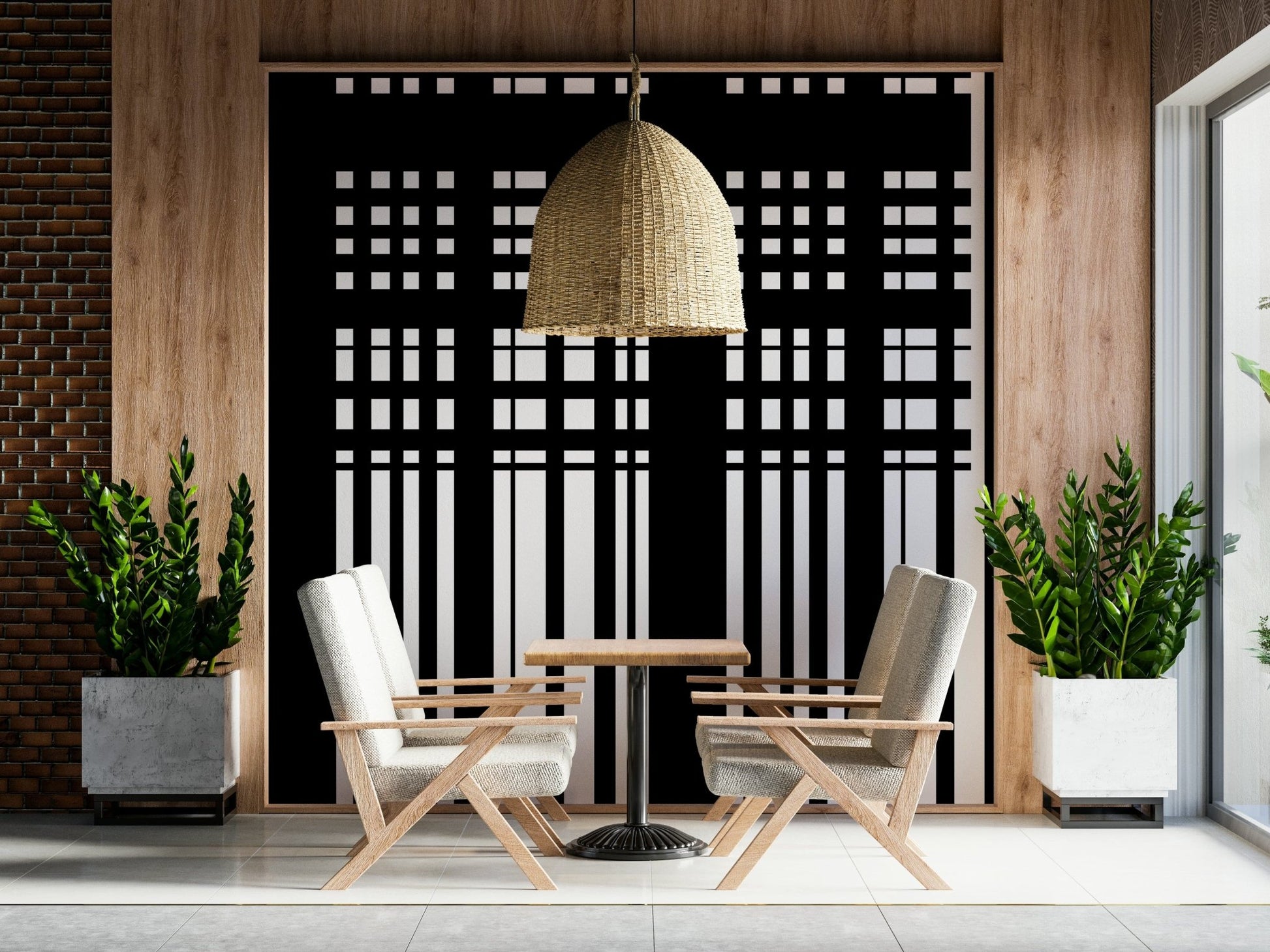 Minimal Black & White Stripes wall mural on a wood-panel wall behind two cream armchairs under a rattan pendant