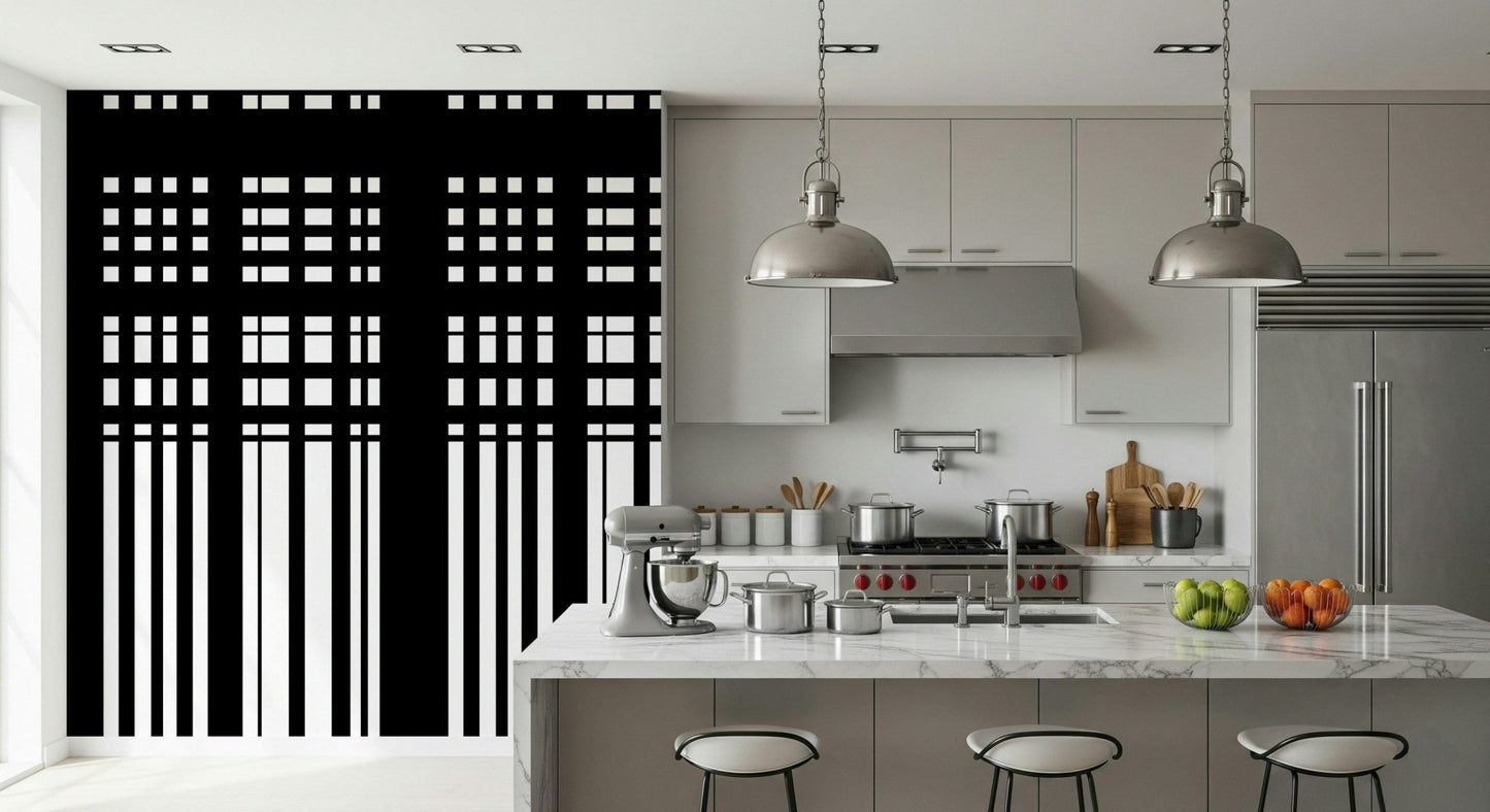 Minimal Black & White Stripes wall mural on a kitchen wall beside grey cabinets and a marble island