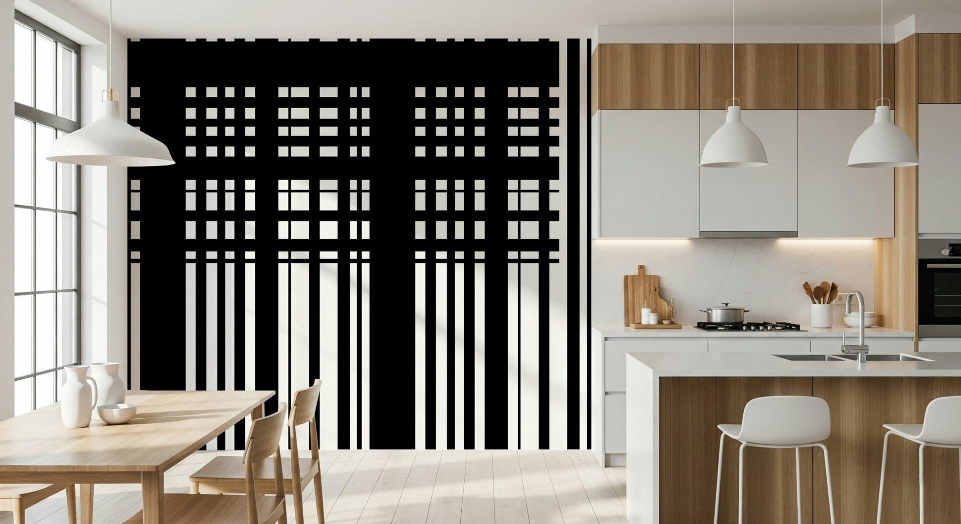 Minimal Black & White Stripes wall mural in a kitchen beside white-and-wood cabinets and a marble island