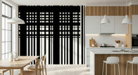 Minimal Black & White Stripes wall mural in a kitchen beside white-and-wood cabinets and a marble island