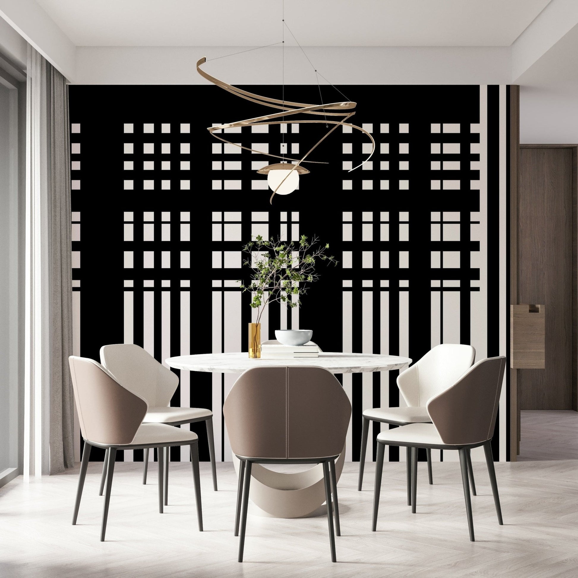Minimal Black & White Stripes wall mural behind a round marble dining table and taupe chairs in a dining room