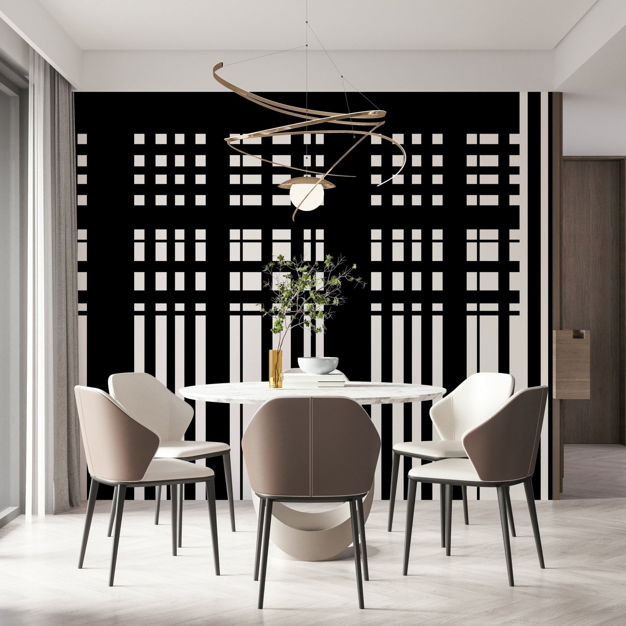 Minimal Black & White Stripes wall mural behind a round marble dining table and taupe chairs in a dining room