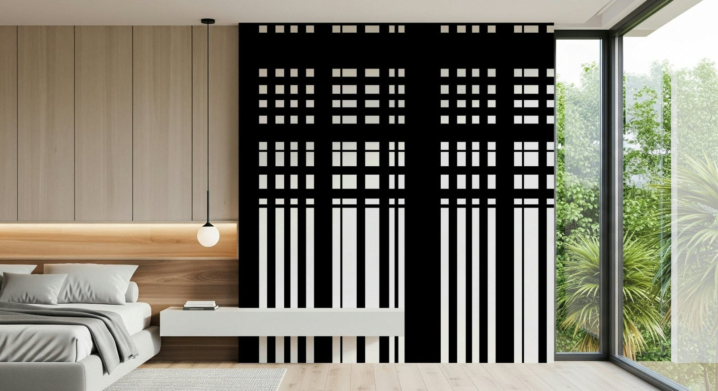 Minimal Black & White Stripes wall mural behind a low platform bed by a floor-to-ceiling garden window