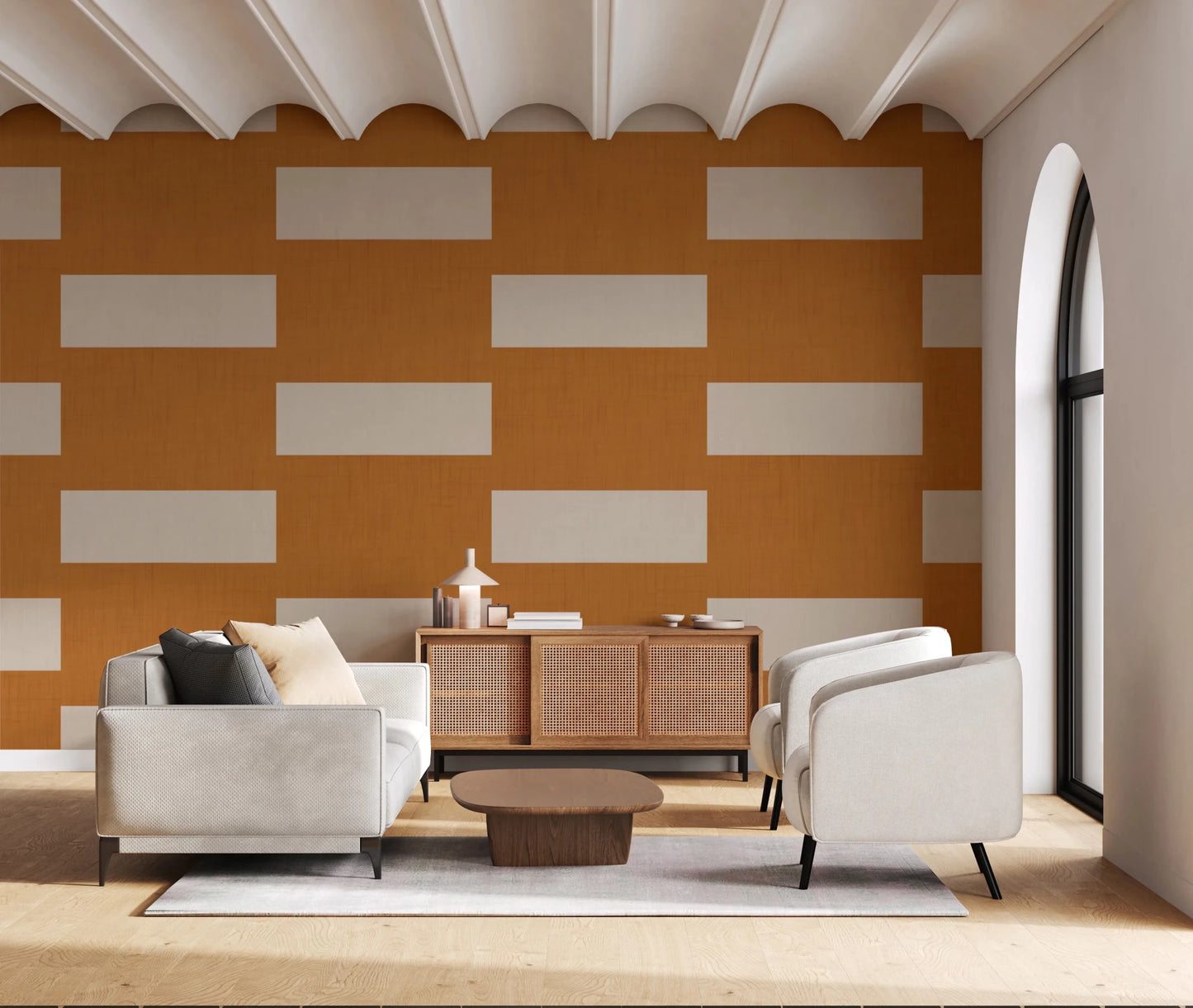 Minimal Stripe Block Terracotta Cream Wallpaper⁠