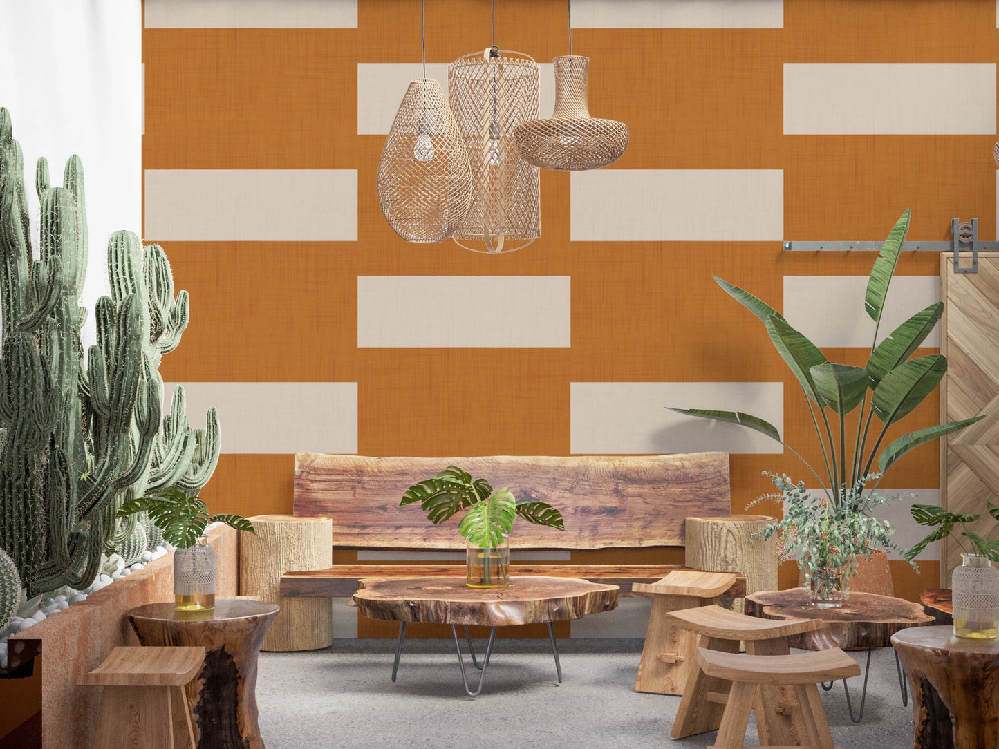 Minimal Stripe Block Terracotta Cream Wallpaper⁠