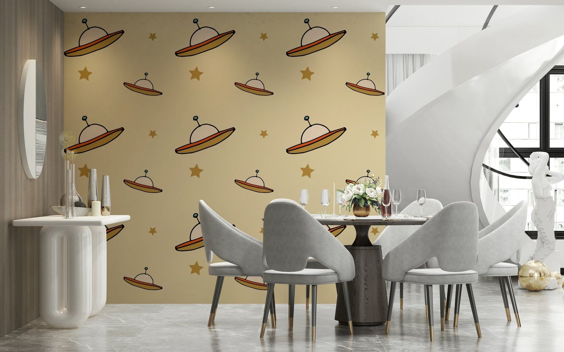 Stylish UFO Beige wall covering, a groovy, mid-century space theme print.