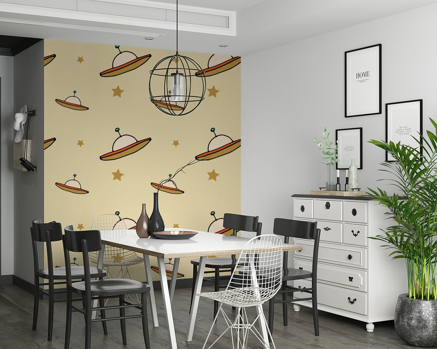 Graphic spaceship art, subtle background, eye-catching Minimal Vintage UFO Beige.