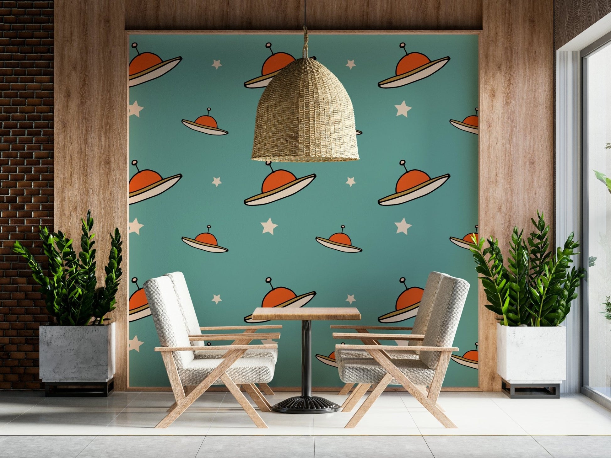 Hand-drawn sky craft, cosmic wall art, Vintage UFO Blue fun covering.