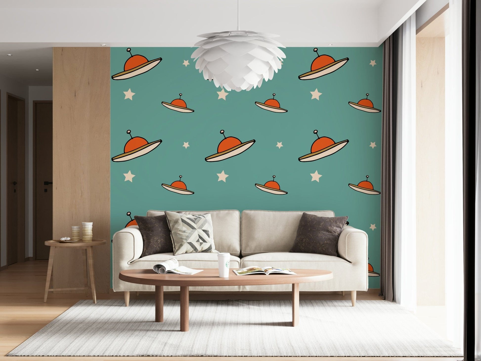 Mid-century, quirky Minimal Vintage UFO Blue seamless surface wrap.