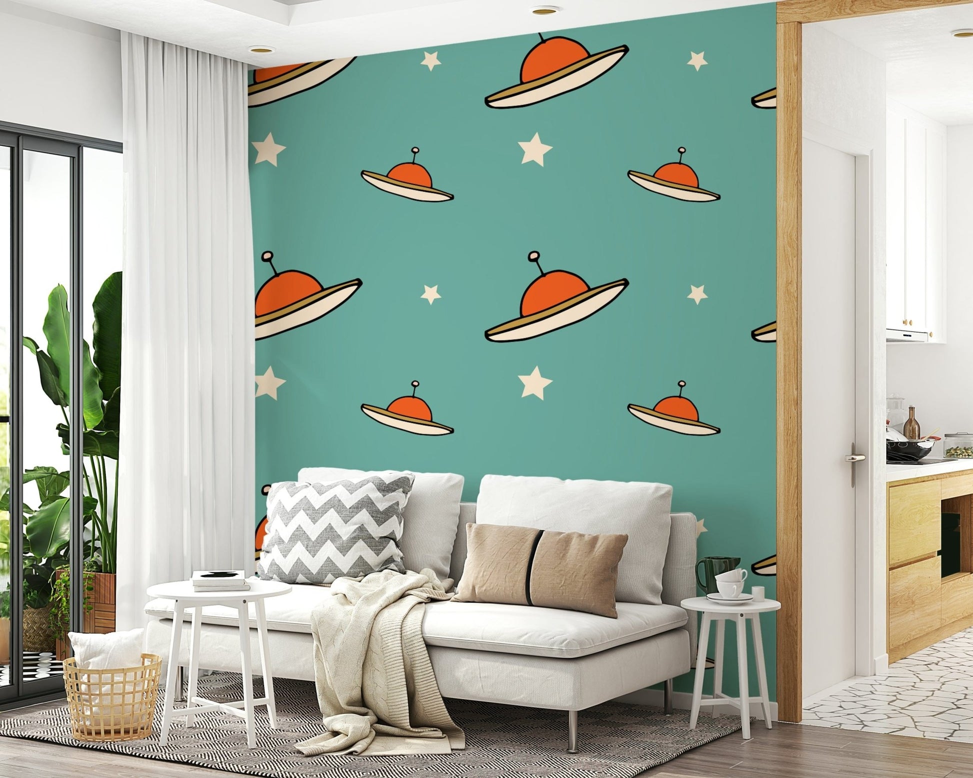 Small, graphic saucers, stellar accents, Vintage UFO Blue home décor.