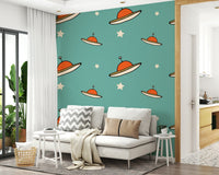 Small, graphic saucers, stellar accents, Vintage UFO Blue home décor.