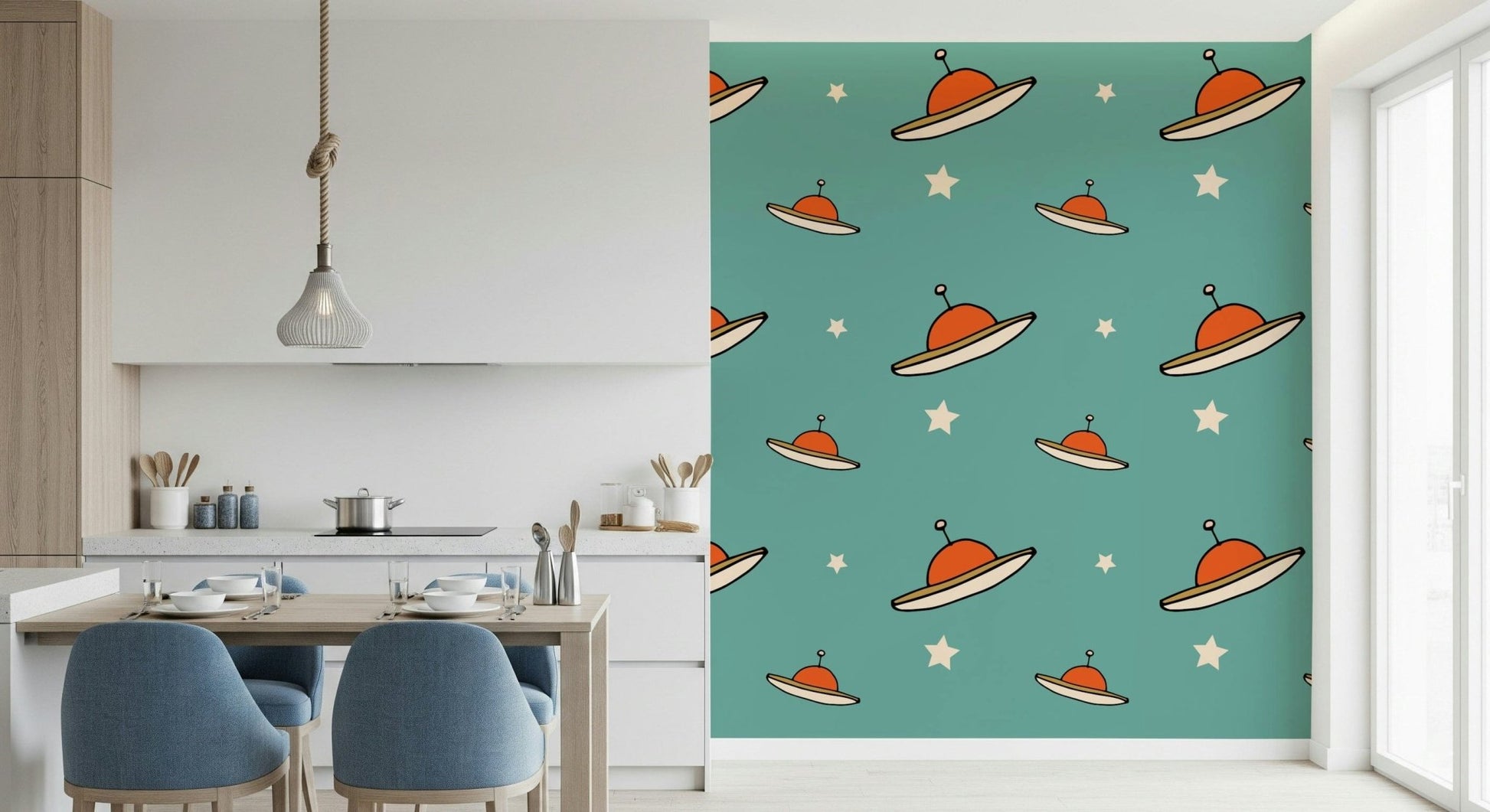 Doodle style spacecraft, UFO Blue repeating design, aesthetic surface.