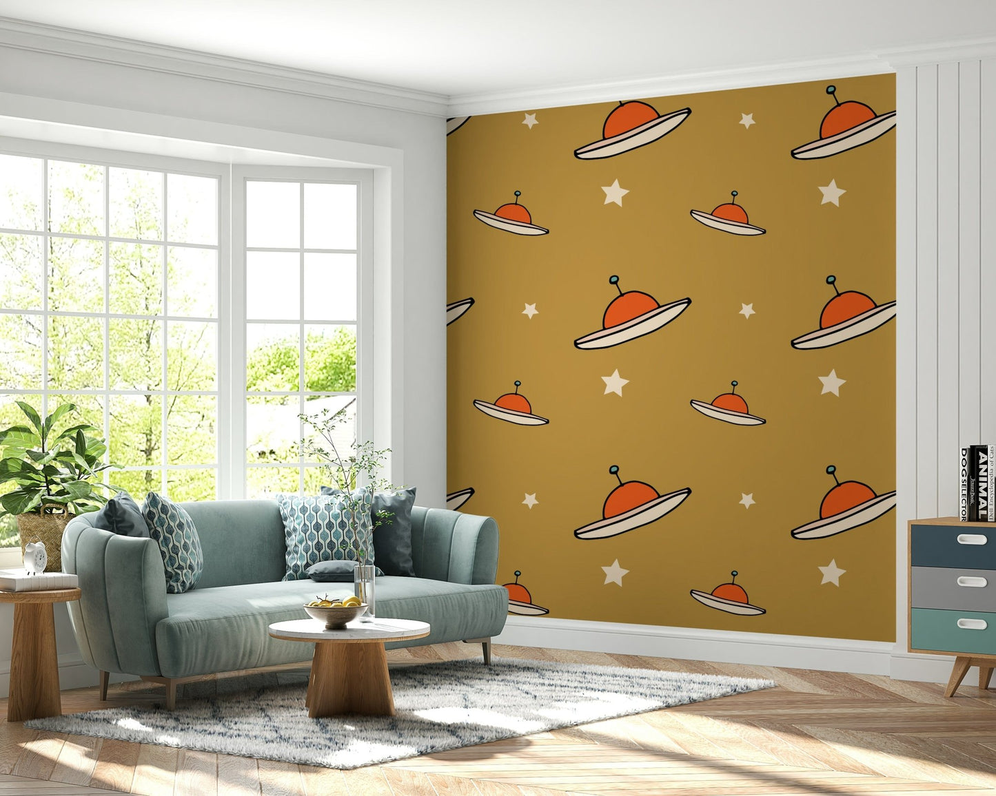 Nursery wall mural, charming alien ship, neutral ochre background, bold look.