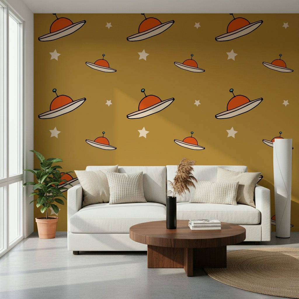 Earthy gold wallpaper, celestial shapes, unique Minimal Vintage pattern.