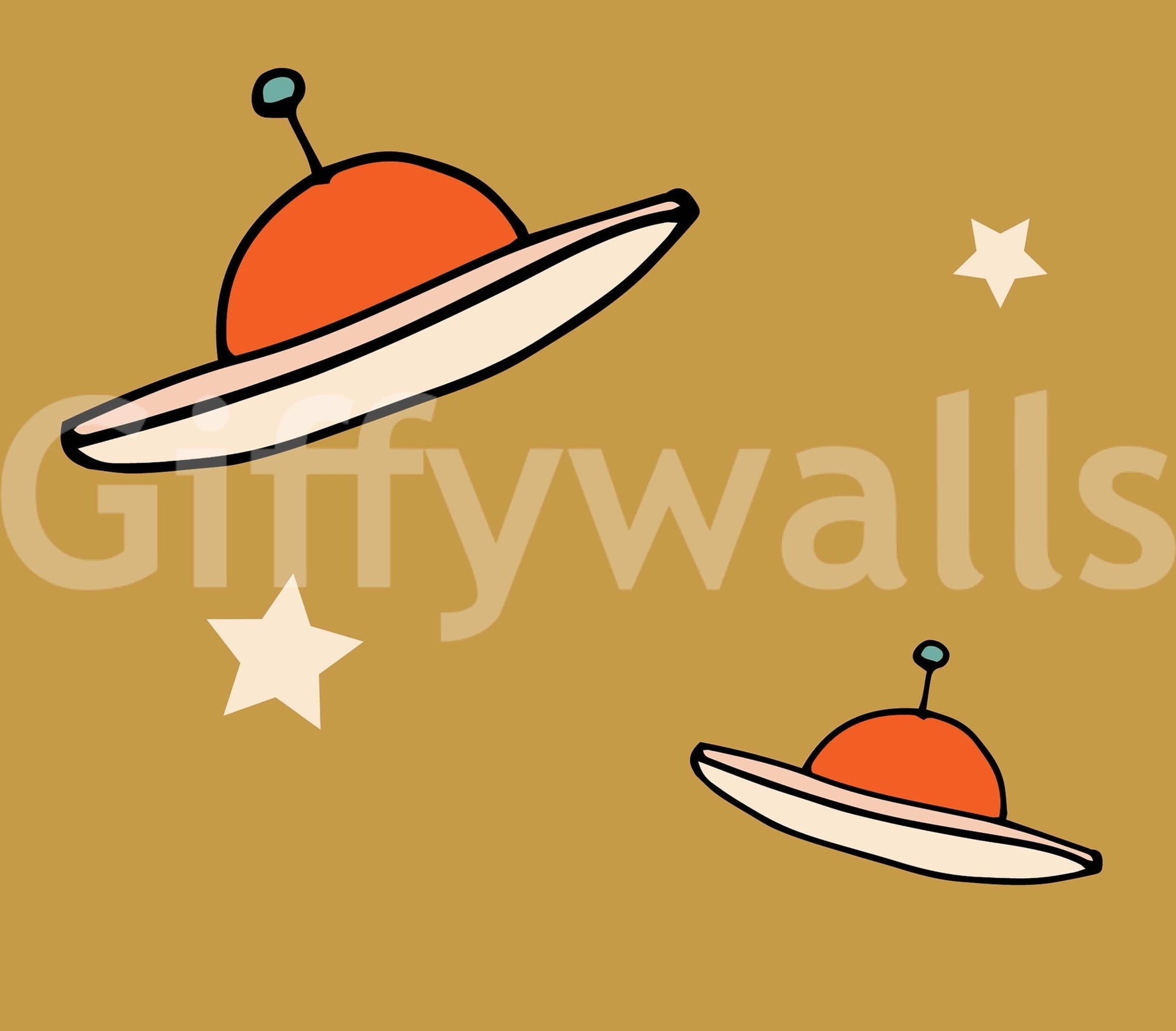 Abstract airships, cream white stars, UFO Mustard golden brown artistry.
