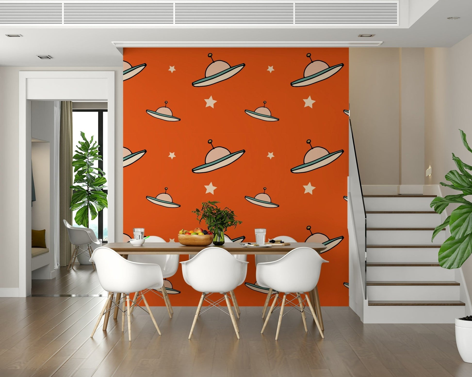 Fun cosmic pattern, Vintage UFO Orange design, flying saucers and stars wall covering.