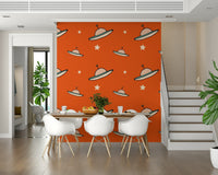 Fun cosmic pattern, Vintage UFO Orange design, flying saucers and stars wall covering.