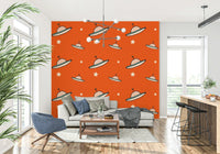 Space theme Vintage wall mural, playful saucers, bright orange background decor.