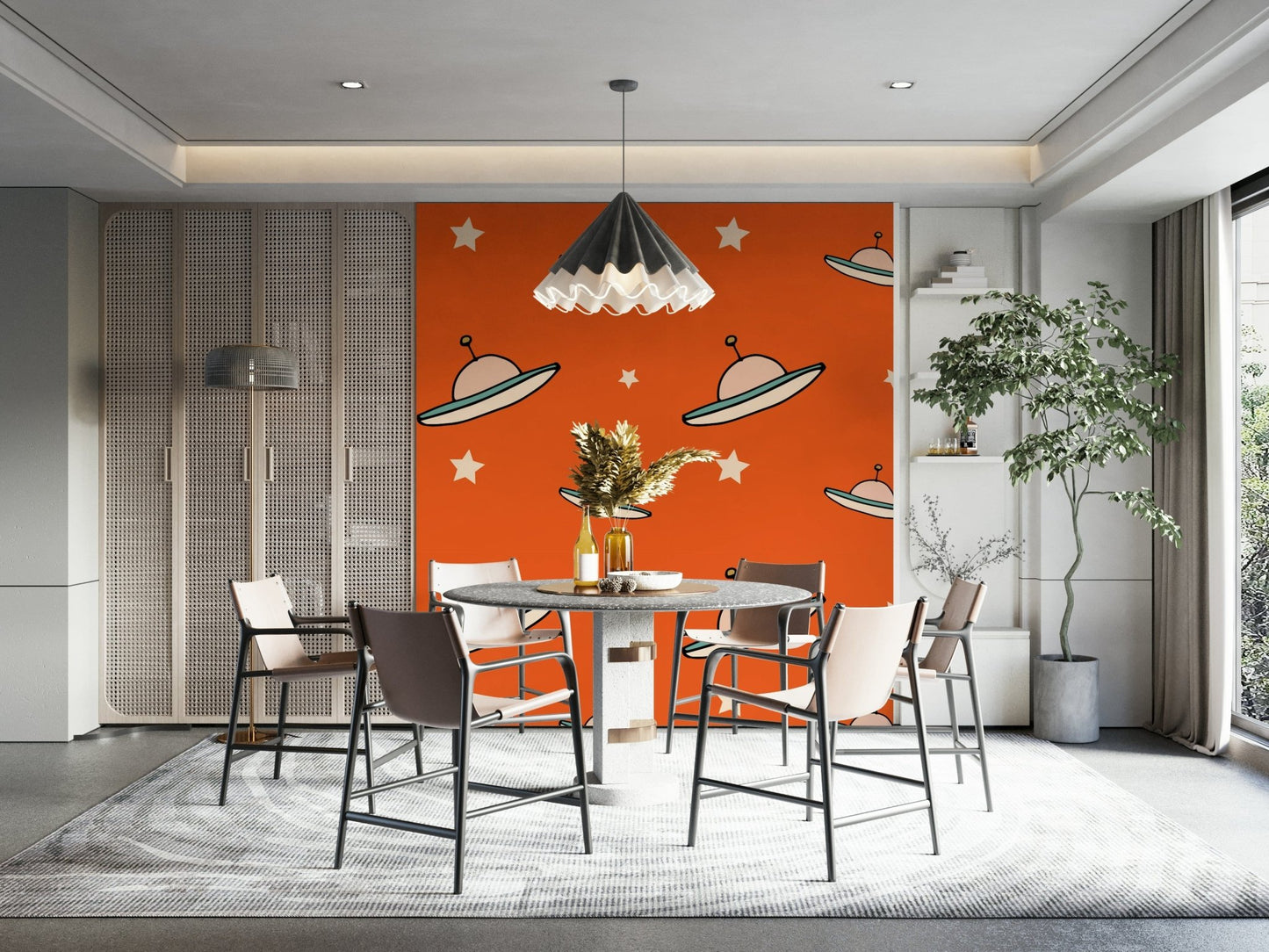 Minimal doodle style alien ships, vibrant orange backdrop, unique nursery wallpaper for walls.
