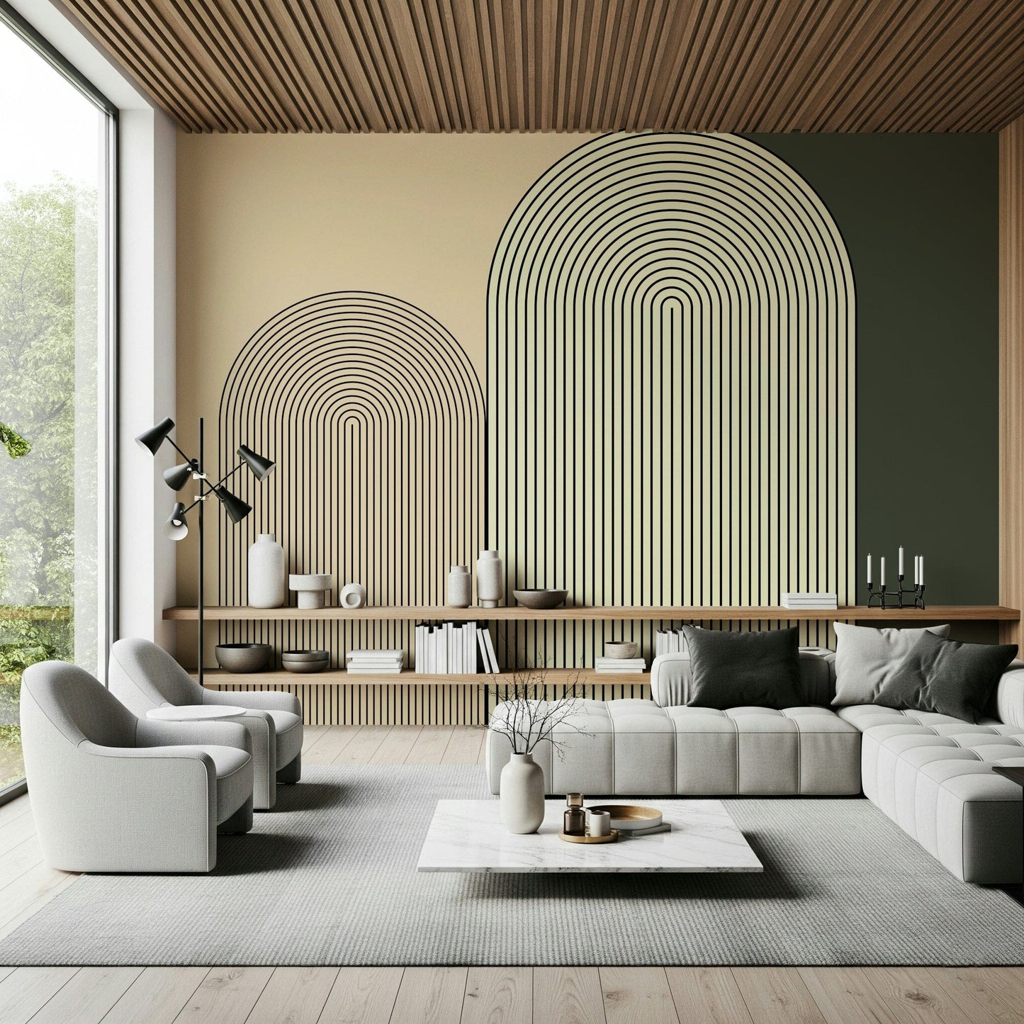 Contemporary minimalist mural featuring geometric arch forms for a serene, architectural feel.