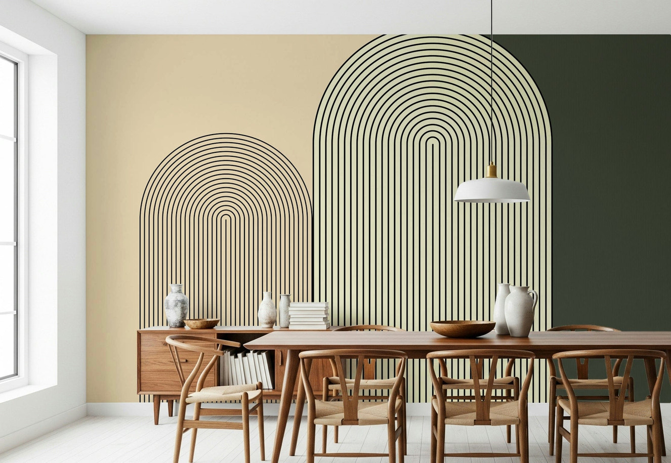 Minimalist arch design mural in soft beige and white tones perfect for modern interiors.