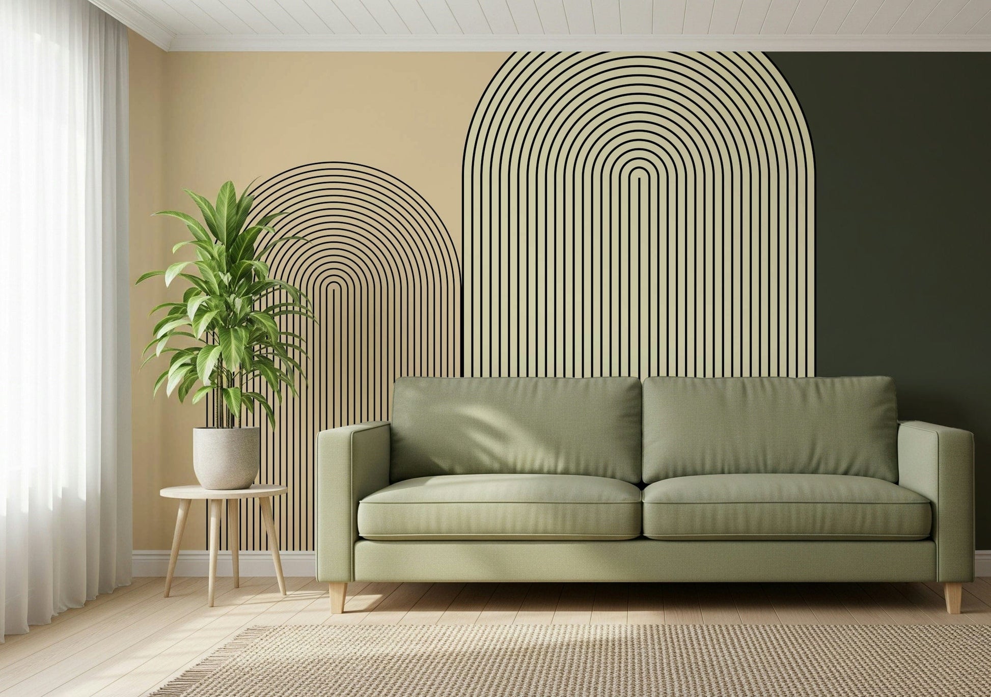 Modern minimalist arch wall mural featuring soft curves and neutral tones for a calming interior look.