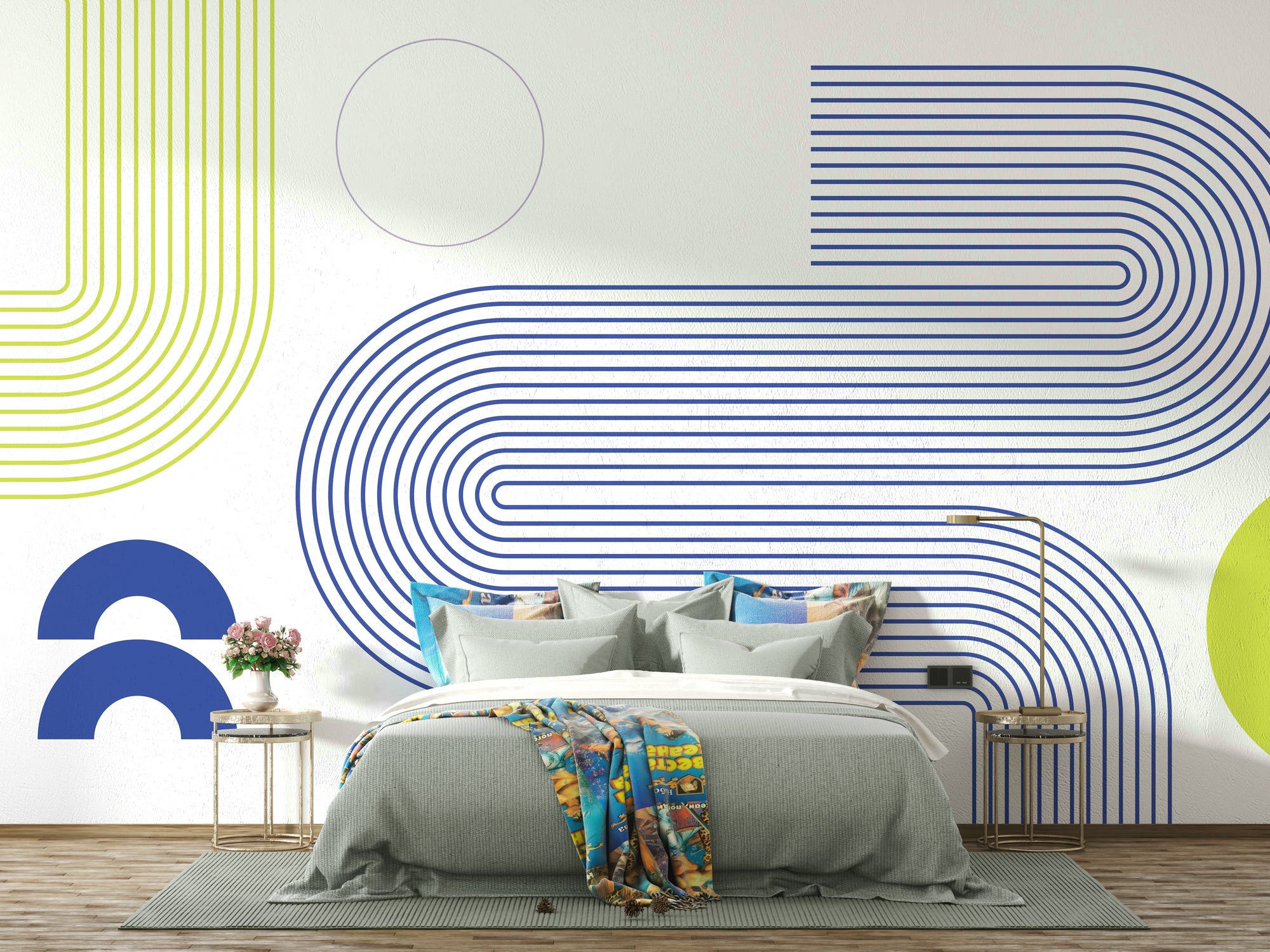 Minimalist Bauhaus Flow wall mural with blue and lime curved lines above a gray bed in a bright bedroom