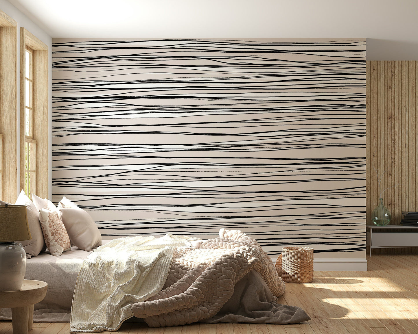 A peaceful modern abstract mural on decorative wallpaper.