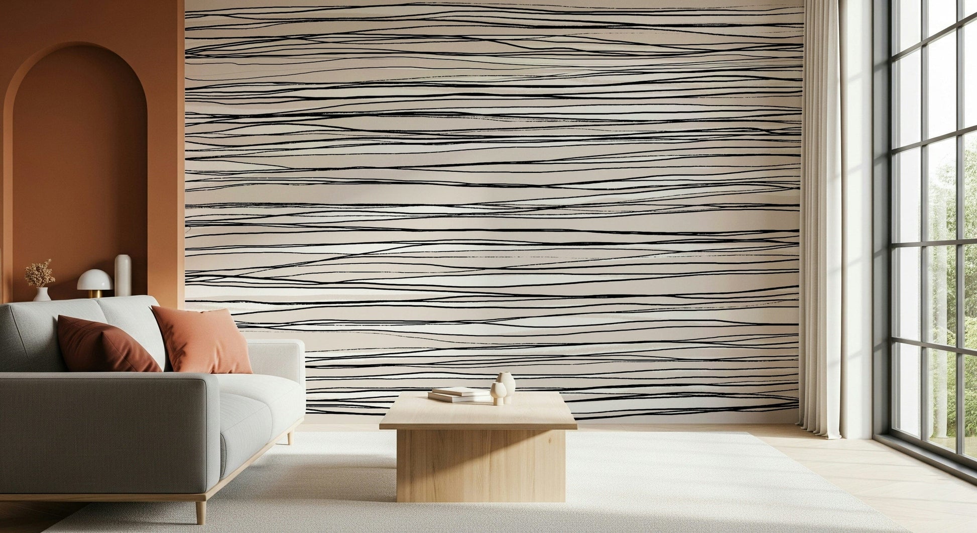 A beautiful minimalist line wallpaper mural for a modern home.