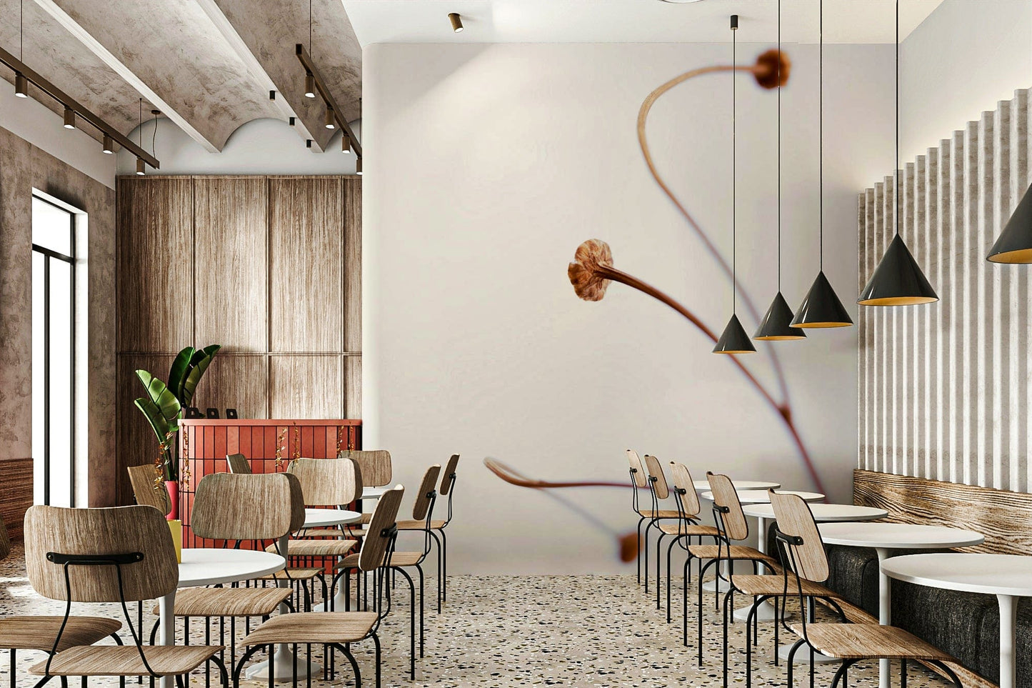 A minimalist interior with the subtle botanical wallpaper.

