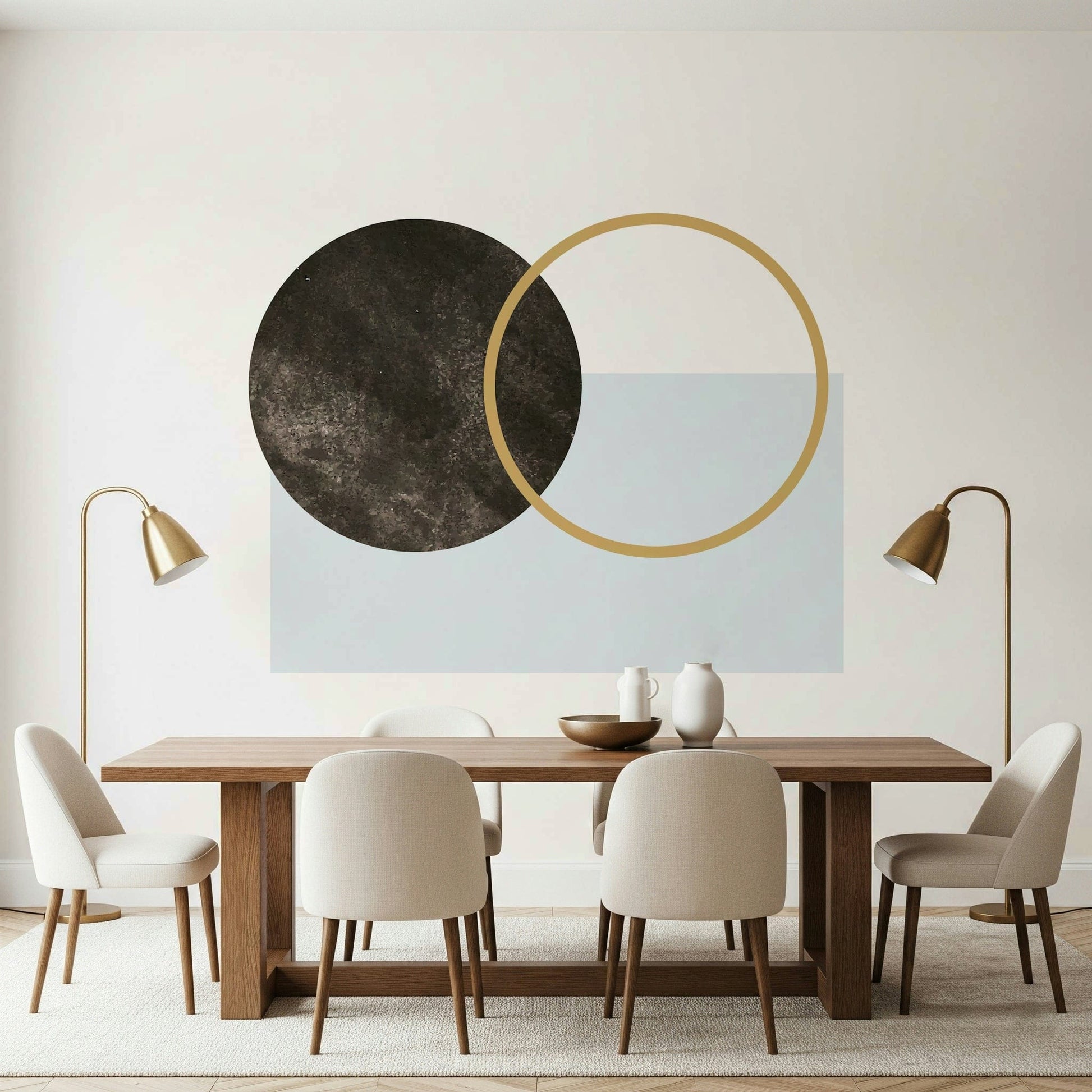 Stylish dark and gold intersecting circles, Minimal Abstract Composition pattern.