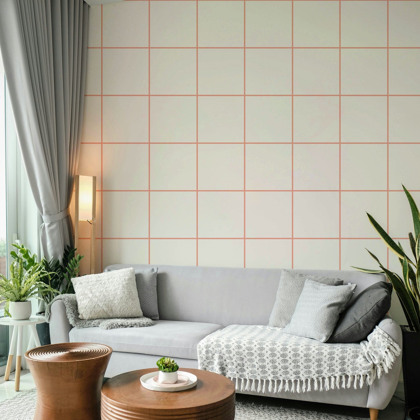 Coral rose wallpaper featuring a subtle square grid

