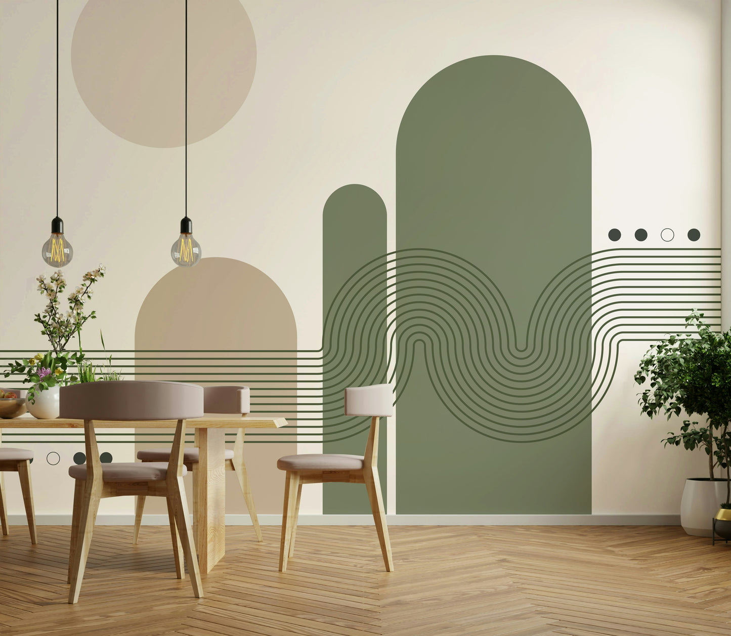 Minimalist Desert Vibes wallpaper mural in green and tan behind a wood dining table with pendant bulbs and fresh flowers