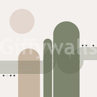 Minimalist Desert Vibes wallpaper mural shown as a full-wall design of sage and beige arches with thin line accents