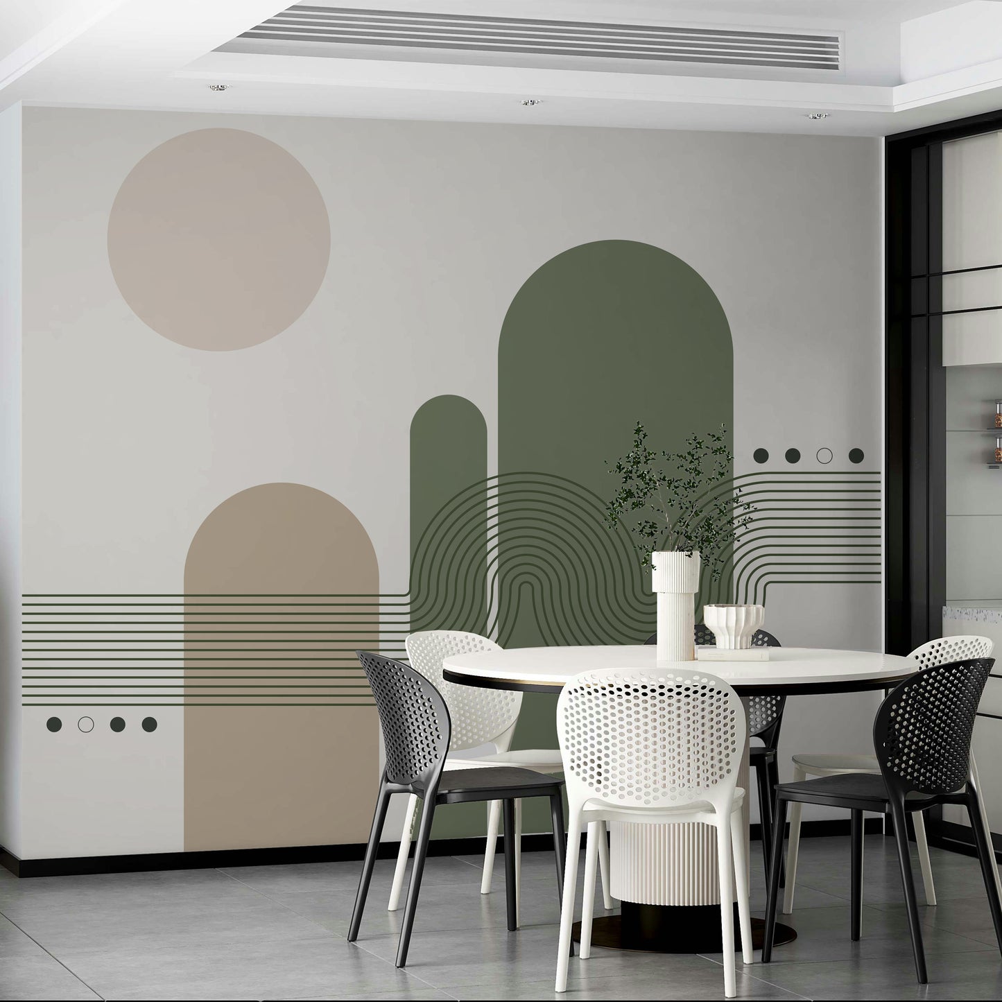Minimalist Desert Vibes wallpaper mural with sage arches behind a white round table and perforated chairs in a dining room
