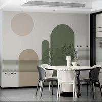 Minimalist Desert Vibes wallpaper mural with sage arches behind a white round table and perforated chairs in a dining room