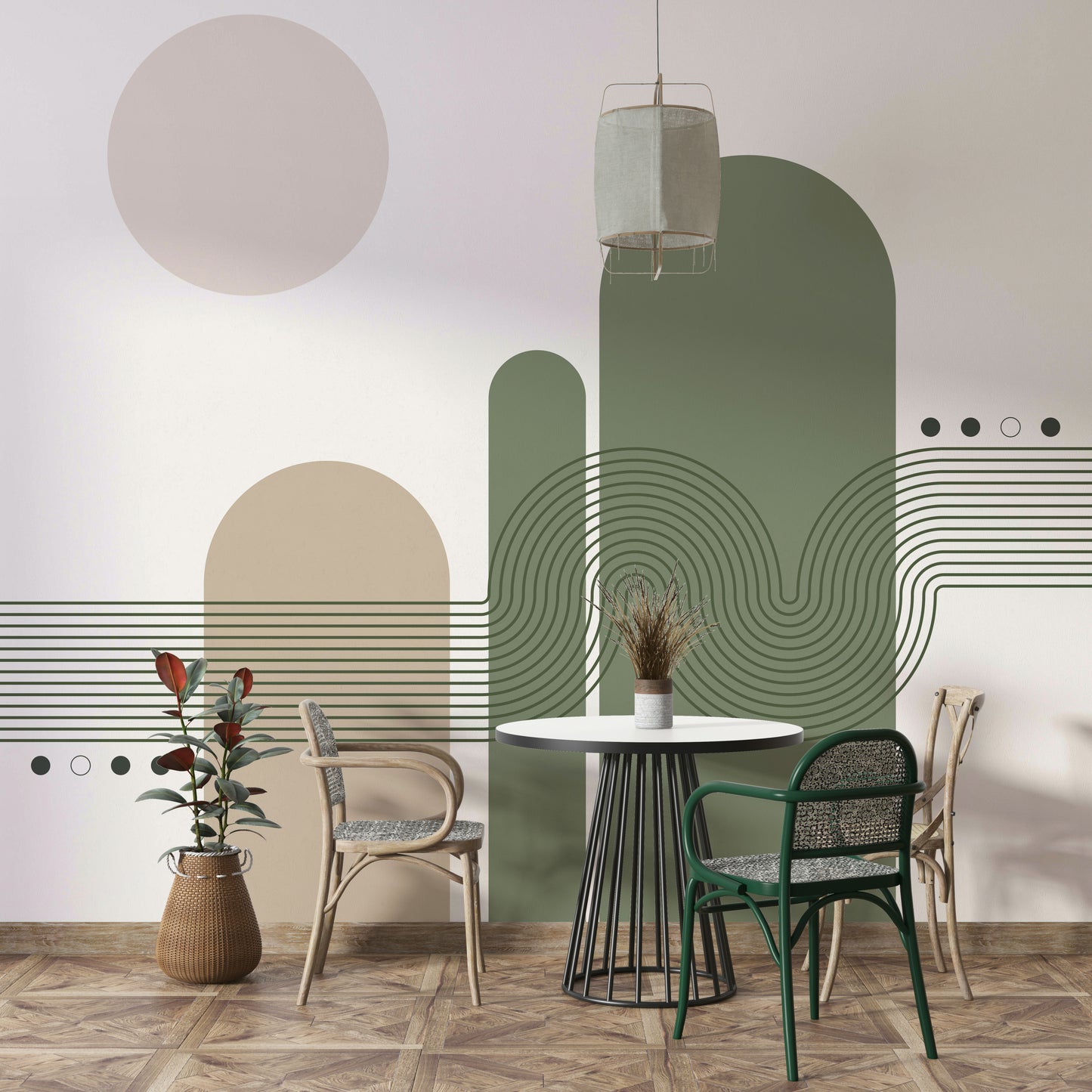 Minimalist Desert Vibes wallpaper mural in green and beige behind a white round table and rattan chairs in a dining nook