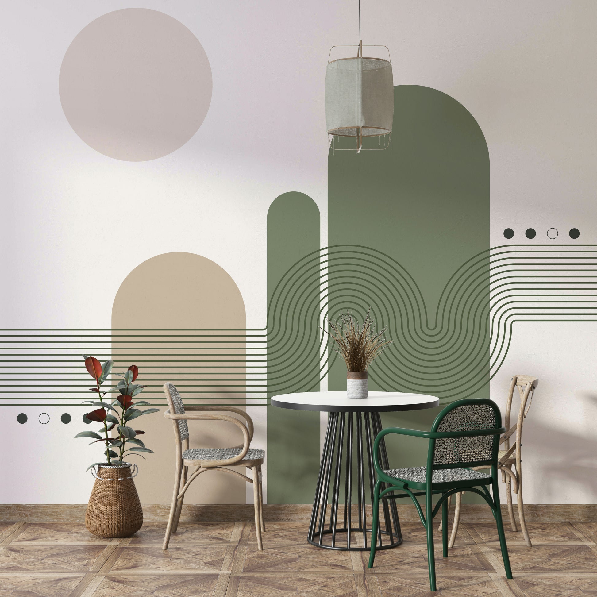 Minimalist Desert Vibes wallpaper mural in green and beige behind a white round table and rattan chairs in a dining nook