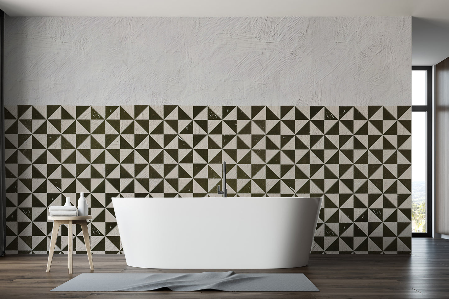 Monochrome geometric accent wall wallpaper design
