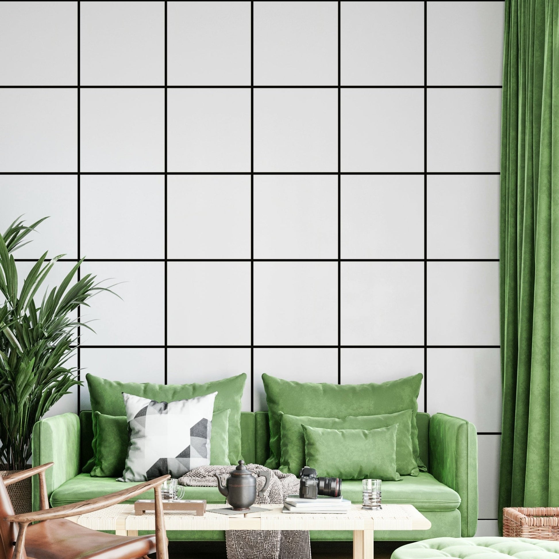 Black grid lines on white background in a simple, modern wallpaper design.

