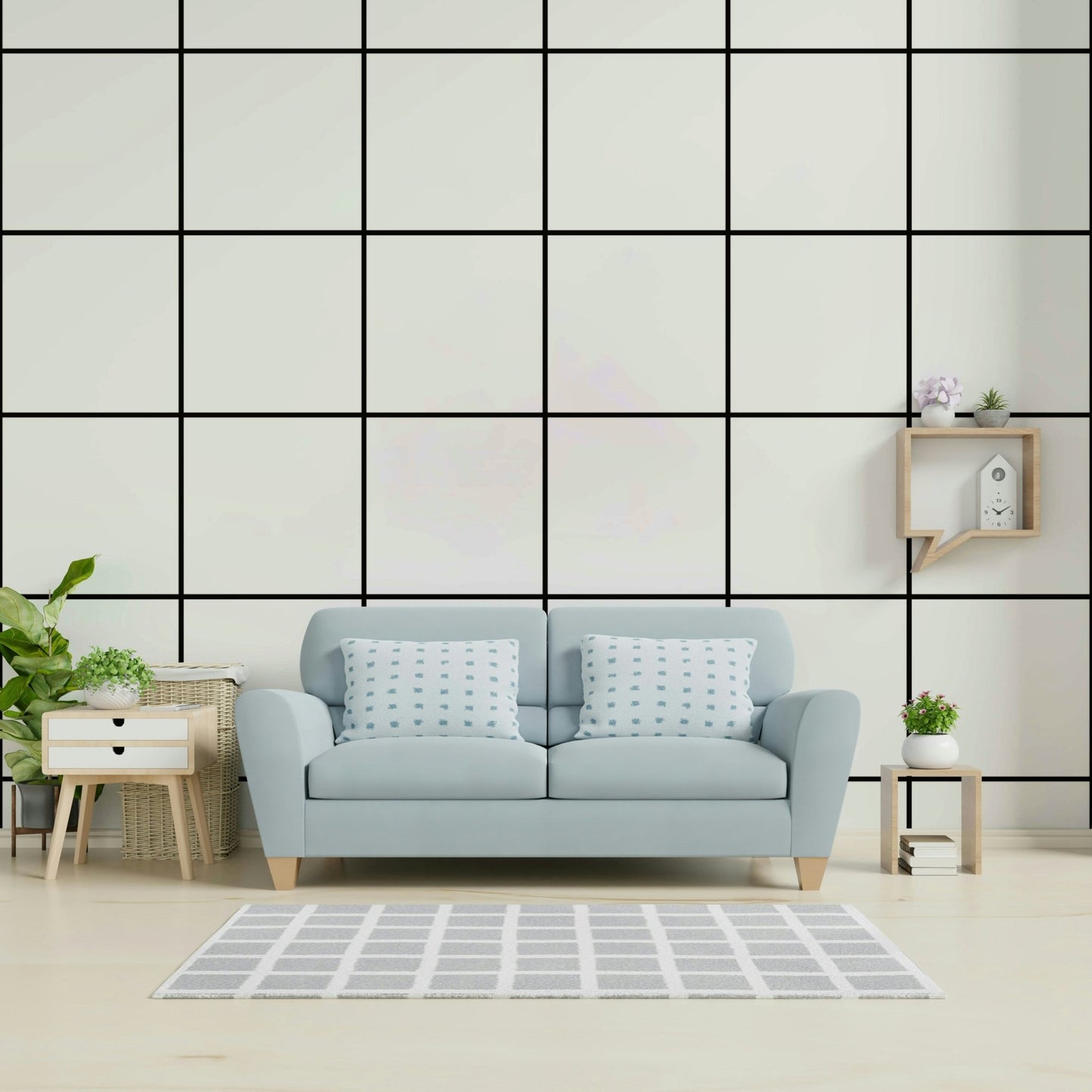 Sharp black-and-white grid wallpaper for minimalist interiors.

