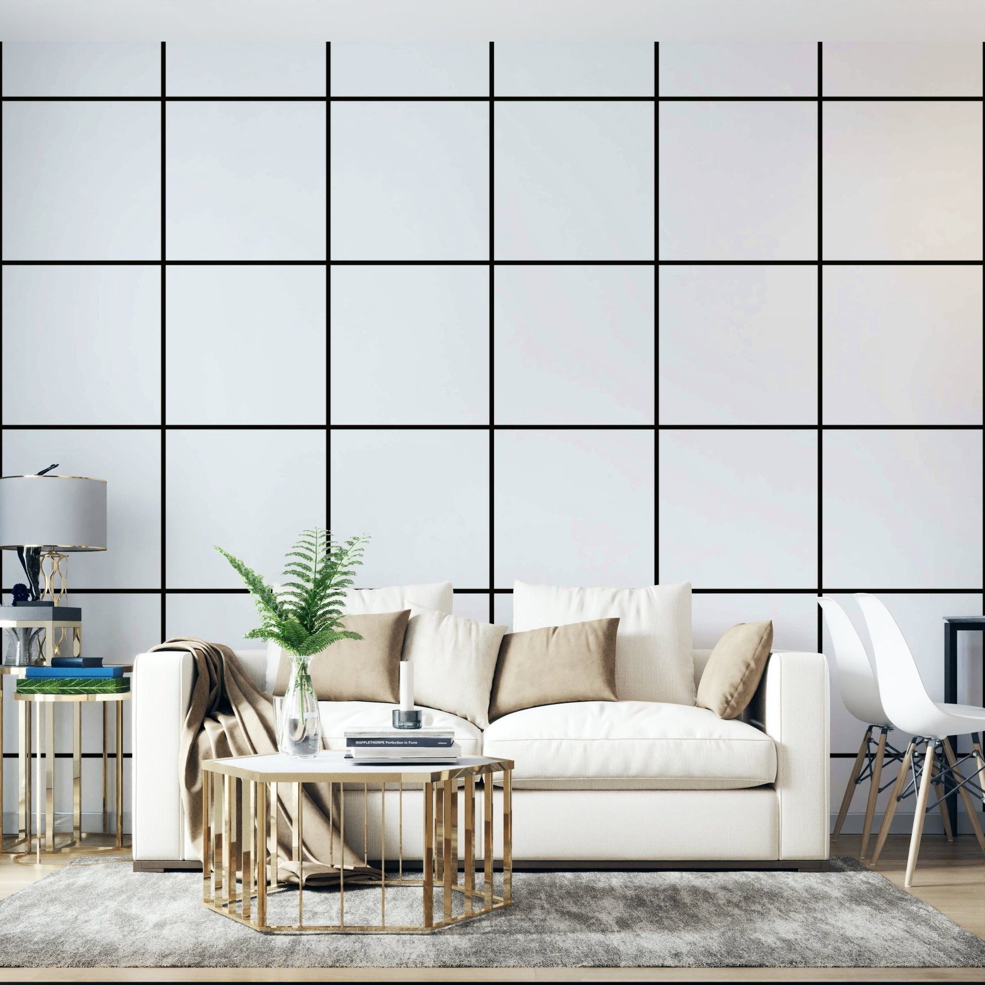 Scandinavian-style wallpaper with black grid lines on white.

