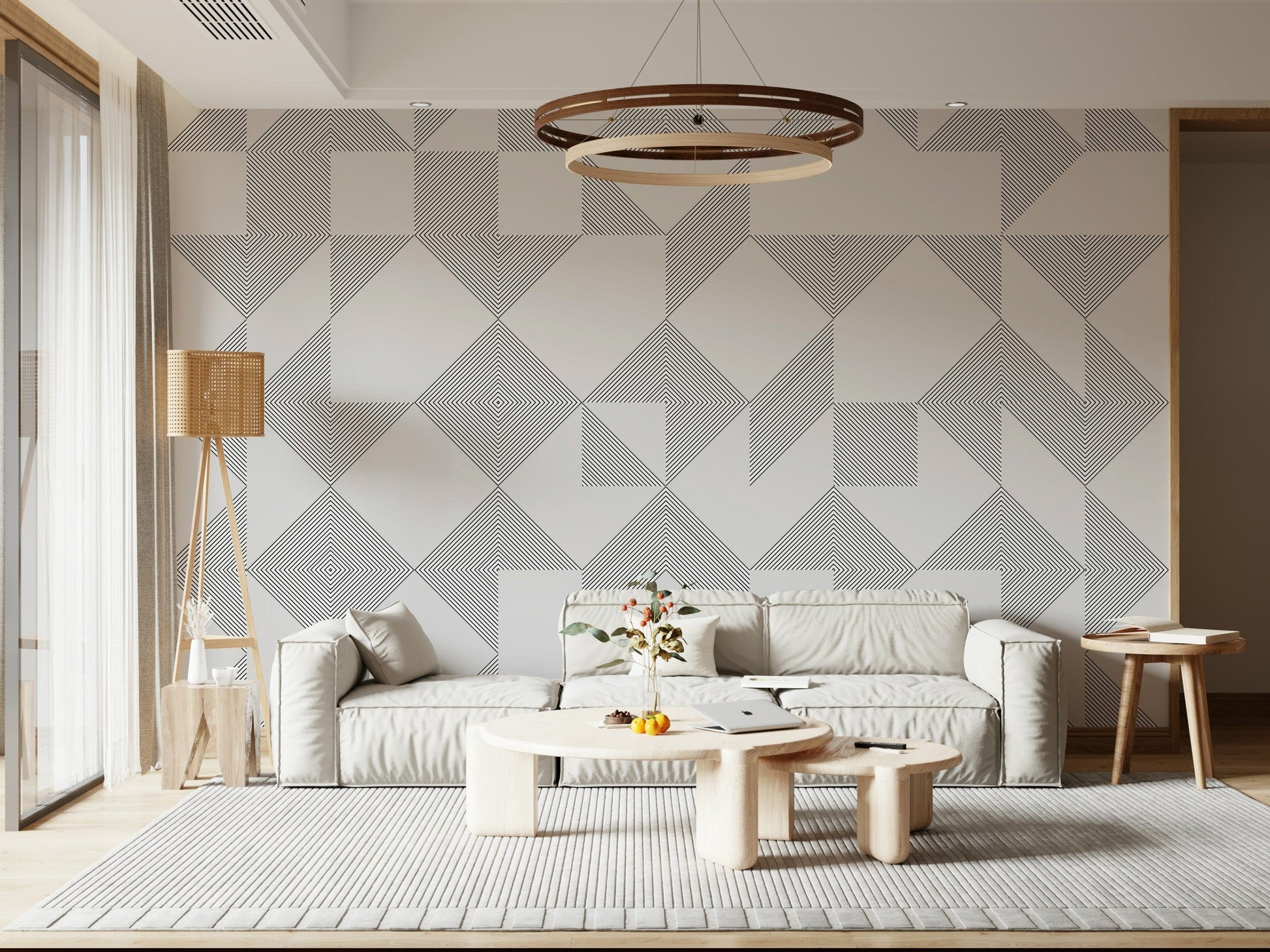 A simple wallpaper design with repeated line-drawn shapes forming an elegant geometric layout.