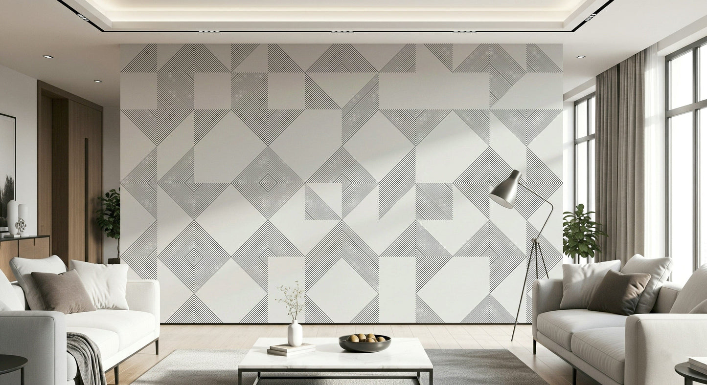 Black linear geometric patterns arranged in blocks creating a clean, modern minimalist wallpaper.
