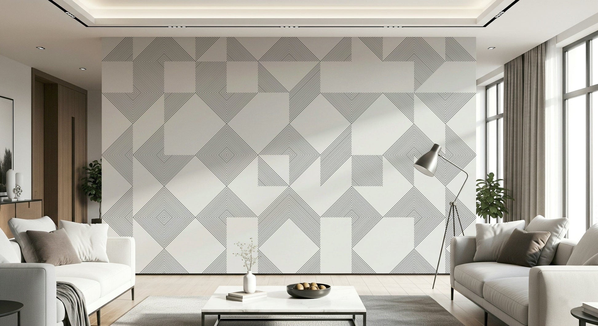 Black linear geometric patterns arranged in blocks creating a clean, modern minimalist wallpaper.