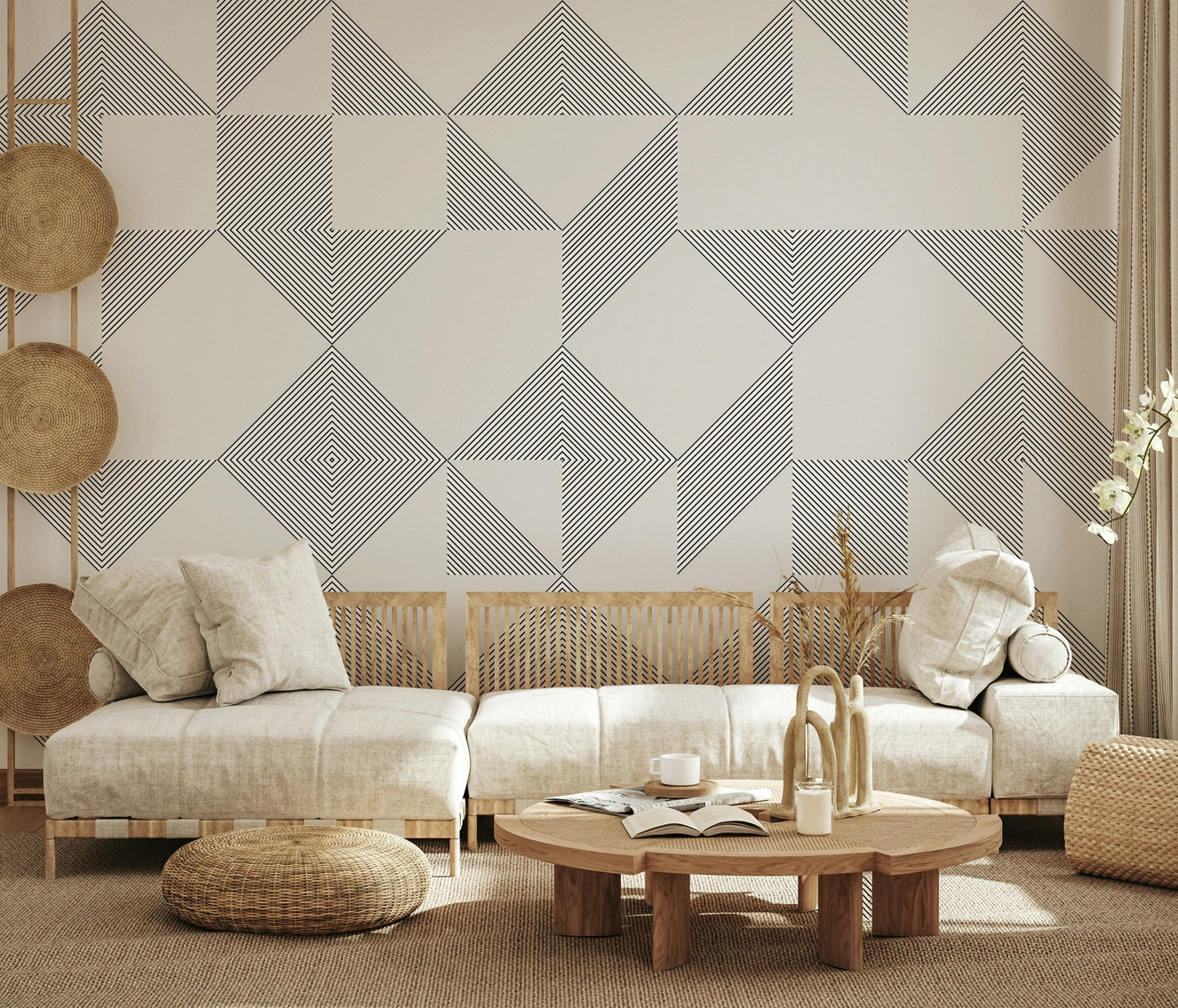 A minimalist line blocks wallpaper featuring geometric squares and triangles formed with fine parallel lines.