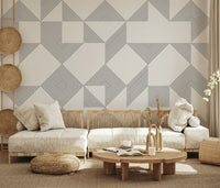 A minimalist line blocks wallpaper featuring geometric squares and triangles formed with fine parallel lines.