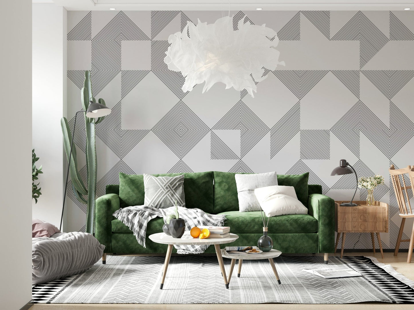 Fine black lines shaping repeating geometric forms across a crisp white minimalist wallpaper.