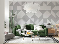 Fine black lines shaping repeating geometric forms across a crisp white minimalist wallpaper.